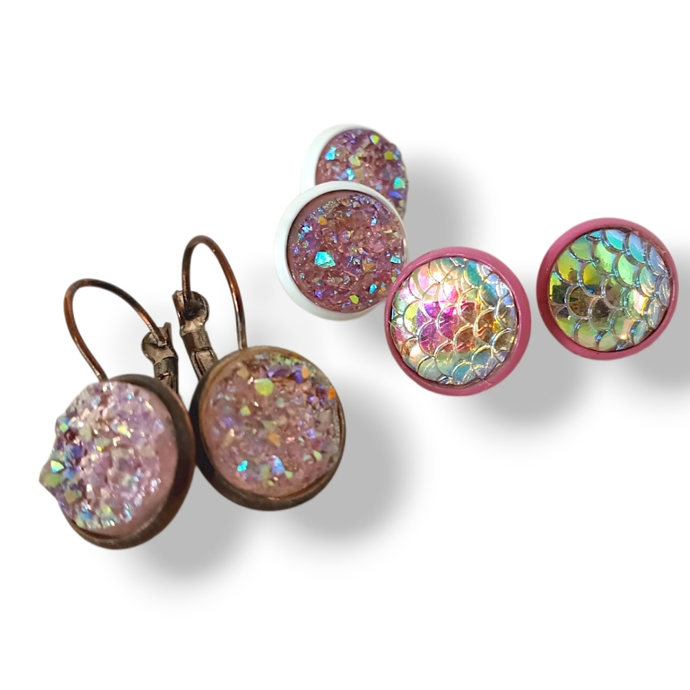 Pink Druzy Stud Earring Set Mermaid Iridescent Metallic Purple Glitter Dopamine - Picture 2 of 10